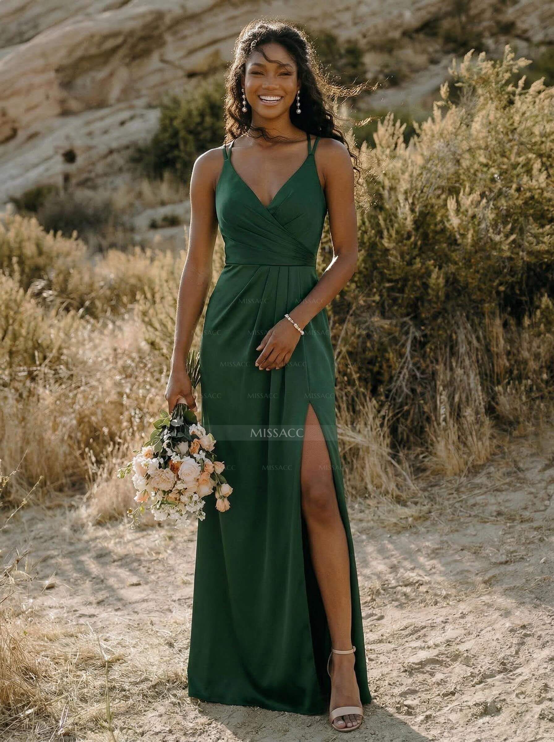 Sheath/Column V-Neck Silk Like Satin Bridesmaid Dresses With High Split