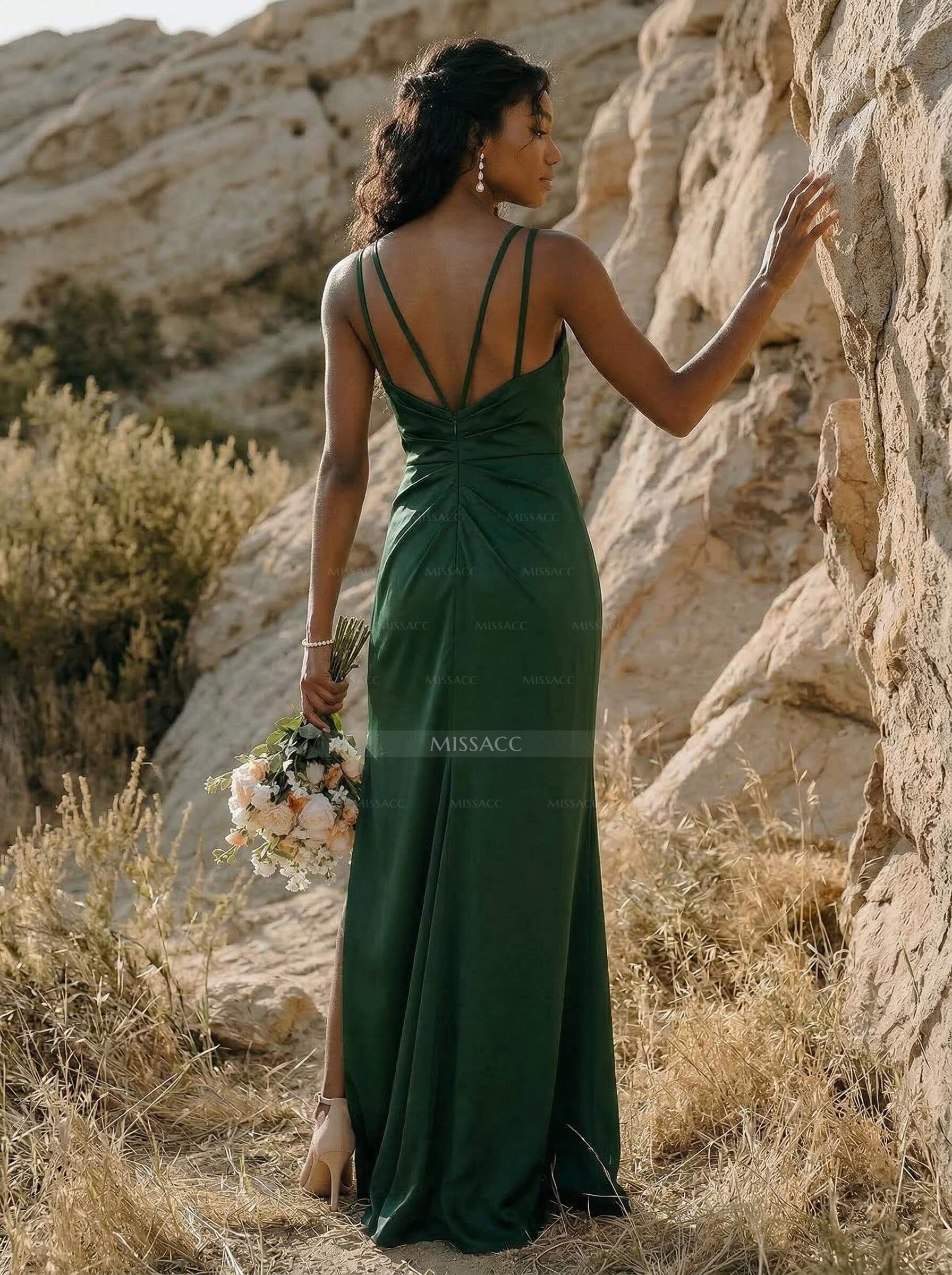 Sheath/Column V-Neck Silk Like Satin Bridesmaid Dresses With High Split