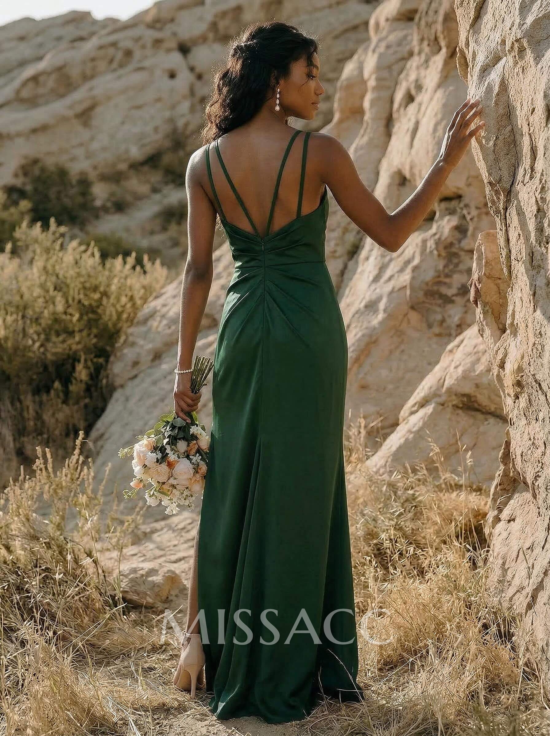 Sheath/Column V-Neck Silk Like Satin Bridesmaid Dresses With High Split Sheath/Column V-Neck Silk Like Satin Bridesmaid Dresses With High Split