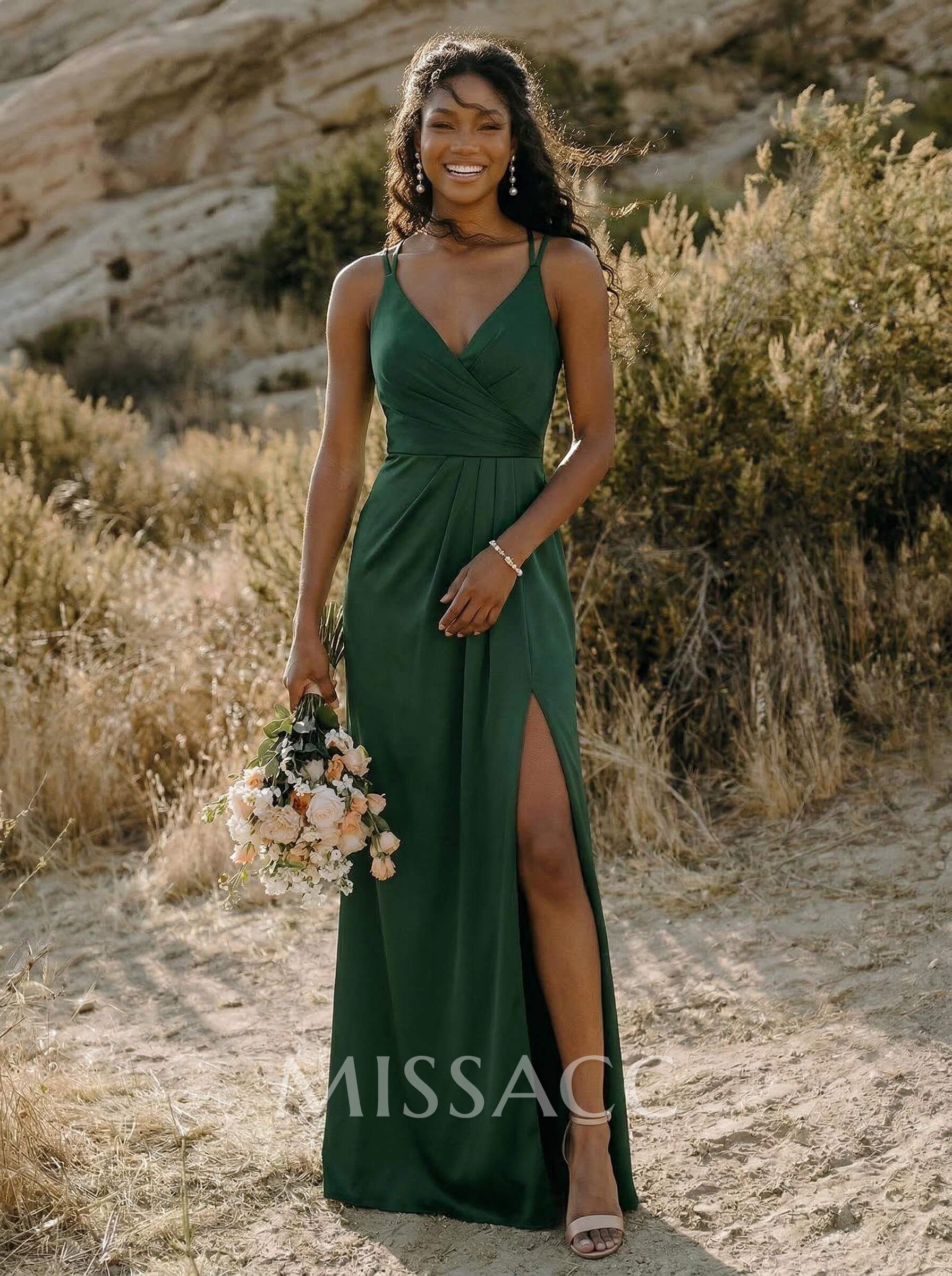 Sheath/Column V-Neck Silk Like Satin Bridesmaid Dresses With High Split Sheath/Column V-Neck Silk Like Satin Bridesmaid Dresses With High Split