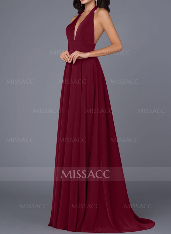 A-Line Halter Sleeveless Sweep Train Acetate Satin Bridesmaid Dresses With High Split