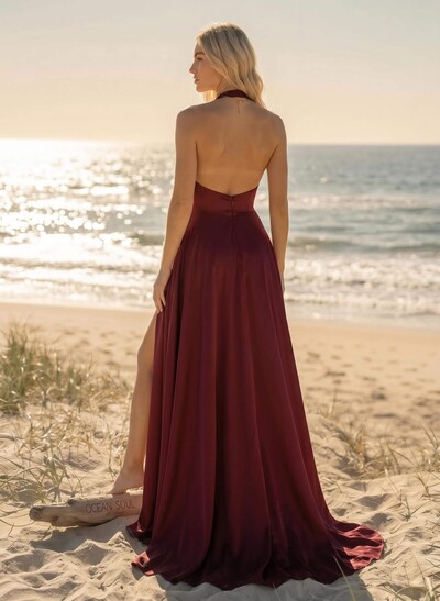 A-Line Halter Sleeveless Sweep Train Acetate Satin Bridesmaid Dresses With High Split