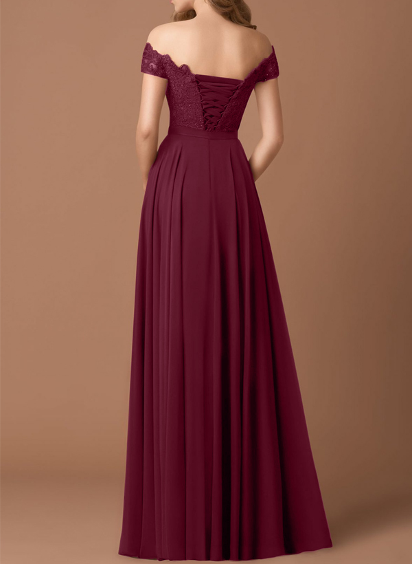 A-Line Off-The-Shoulder Sleeveless Chiffon Bridesmaid Dresses With Lace