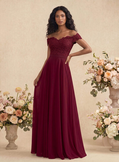 A-Line Off-The-Shoulder Sleeveless Chiffon Bridesmaid Dresses With Lace