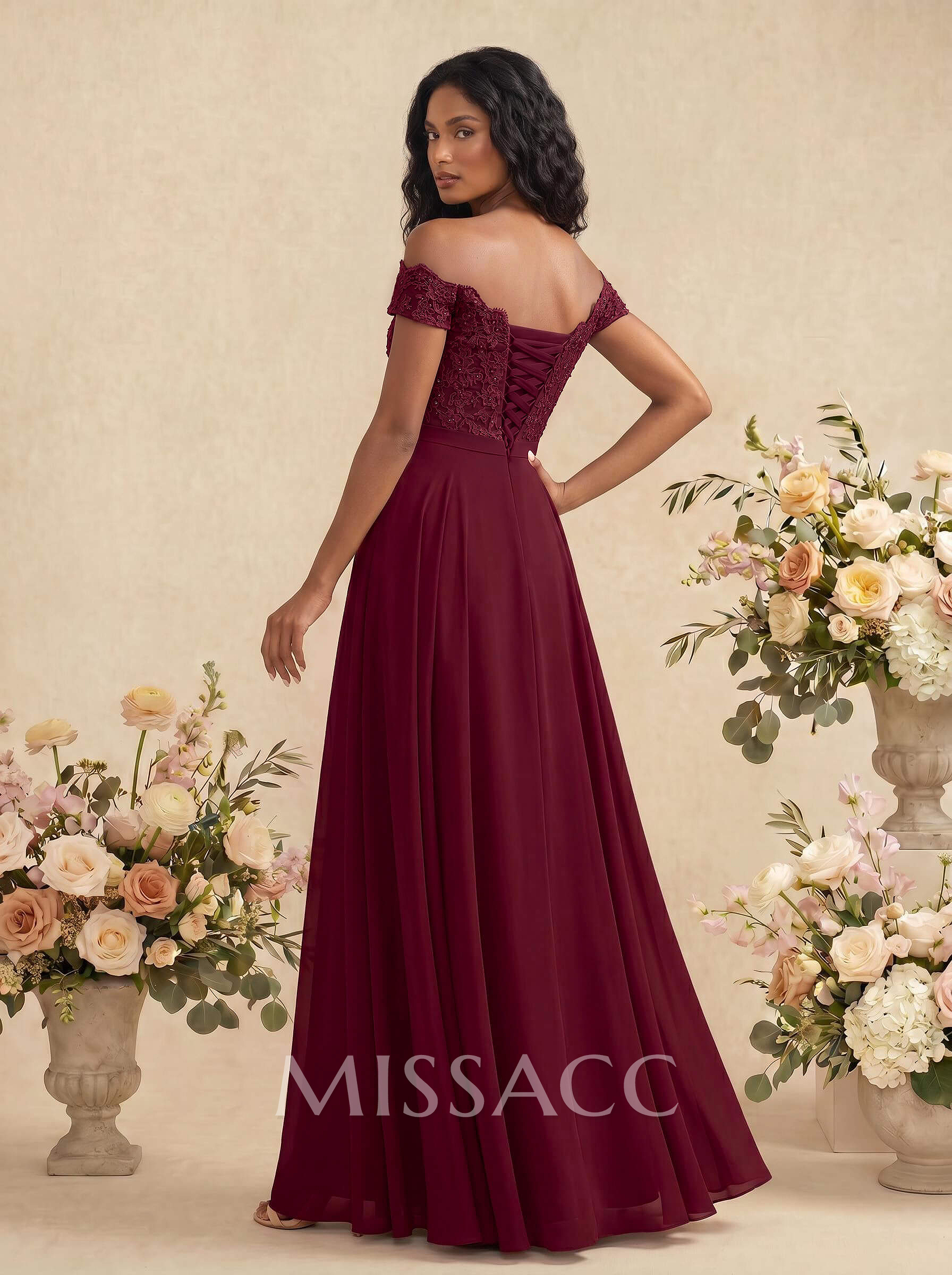 A-Line Off-The-Shoulder Sleeveless Chiffon Bridesmaid Dresses With Lace