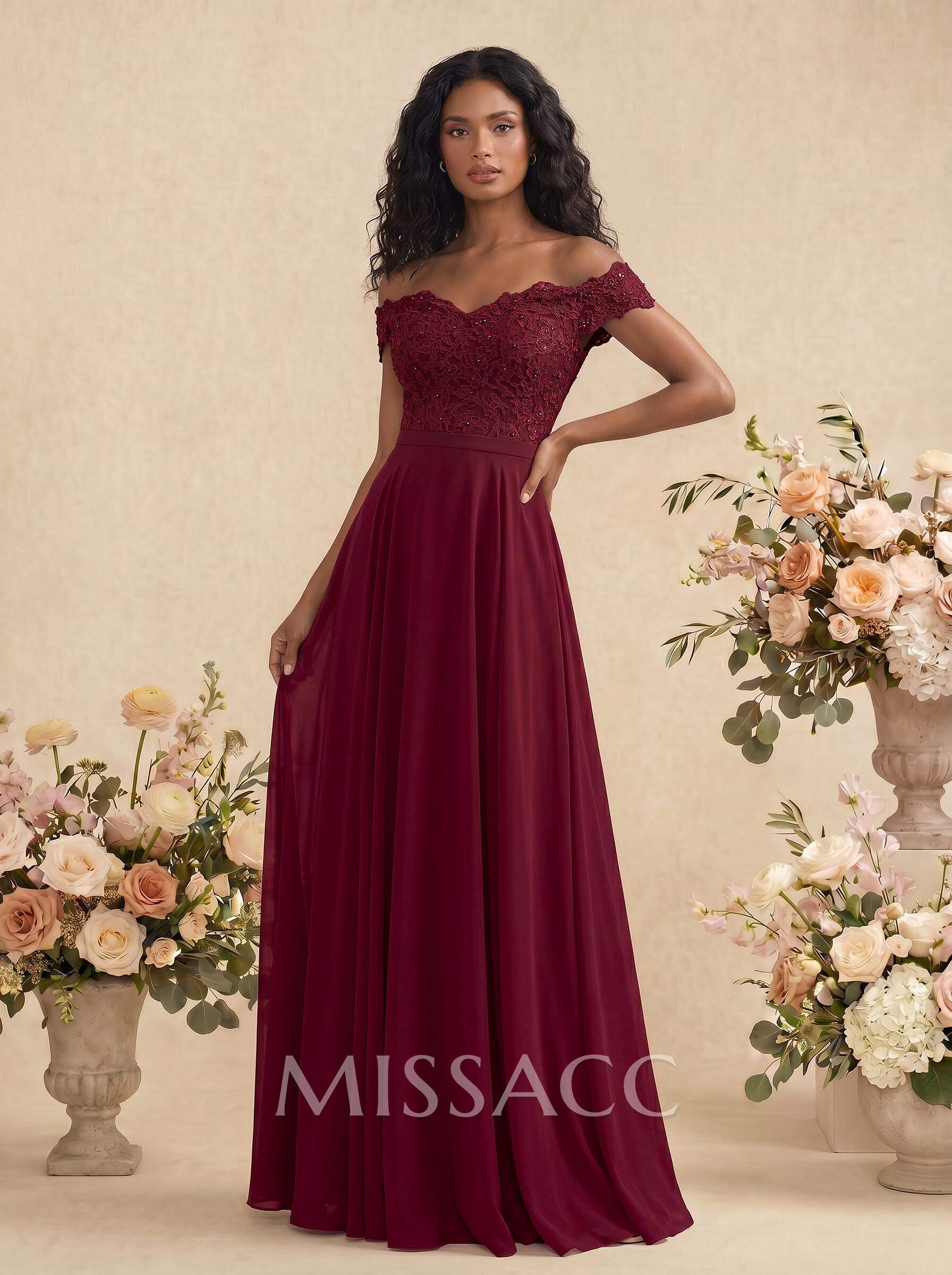 A-Line Off-The-Shoulder Sleeveless Chiffon Bridesmaid Dresses With Lace