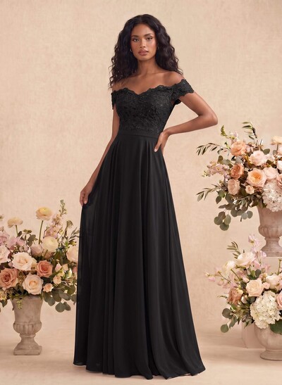 A-Line Off-The-Shoulder Sleeveless Chiffon Bridesmaid Dresses With Lace