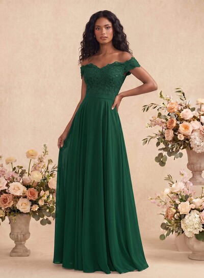 A-Line Off-The-Shoulder Sleeveless Chiffon Bridesmaid Dresses With Lace