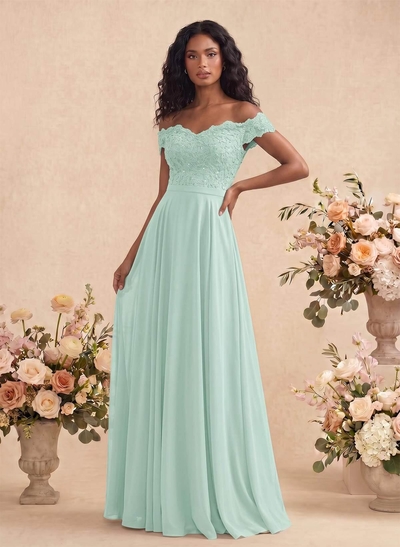 A-Line Off-The-Shoulder Sleeveless Chiffon Bridesmaid Dresses With Lace