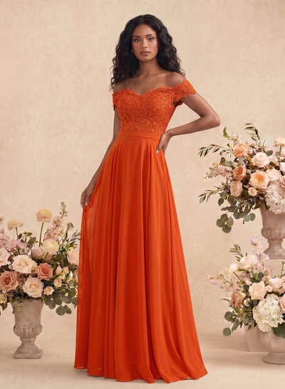 A-Line Off-The-Shoulder Sleeveless Chiffon Bridesmaid Dresses With Lace