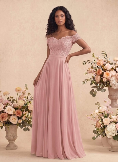 A-Line Off-The-Shoulder Sleeveless Chiffon Bridesmaid Dresses With Lace
