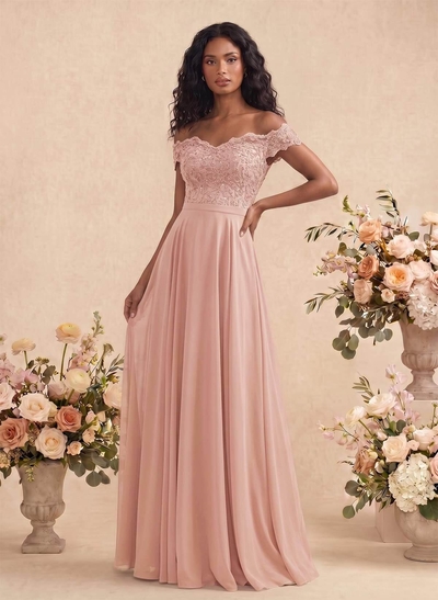 A-Line Off-The-Shoulder Sleeveless Chiffon Bridesmaid Dresses With Lace