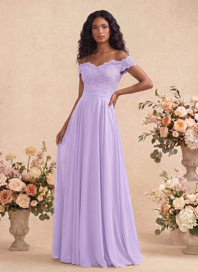 A-Line Off-The-Shoulder Sleeveless Chiffon Bridesmaid Dresses With Lace