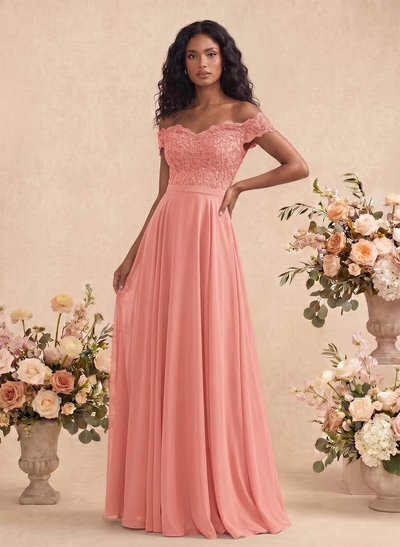 A-Line Off-The-Shoulder Sleeveless Chiffon Bridesmaid Dresses With Lace