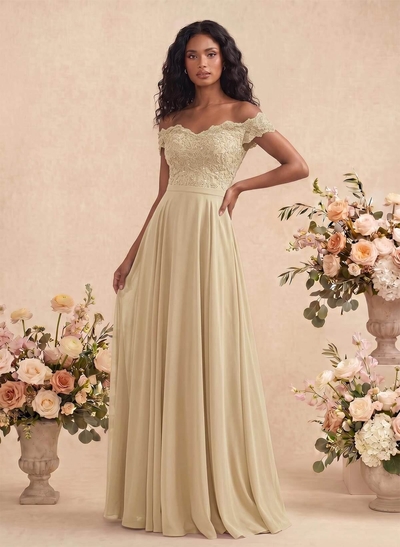 A-Line Off-The-Shoulder Sleeveless Chiffon Bridesmaid Dresses With Lace