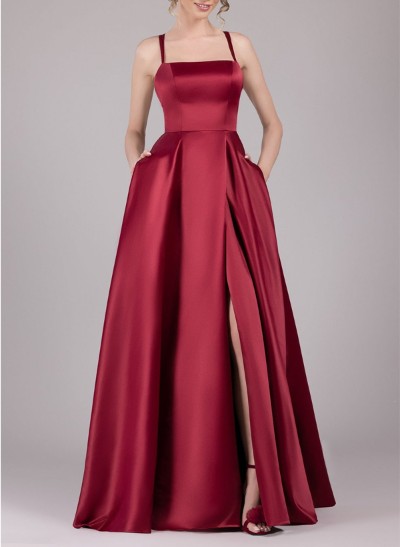 A-Line Square Neckline Satin Bridesmaid Dresses With Pockets/High Split