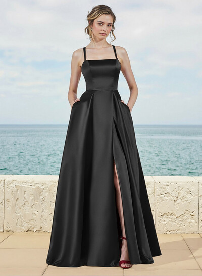 A-Line Square Neckline Satin Bridesmaid Dresses With Pockets/High Split
