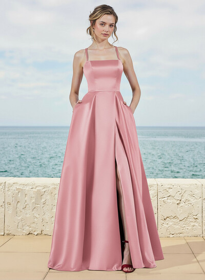 A-Line Square Neckline Satin Bridesmaid Dresses With Pockets/High Split