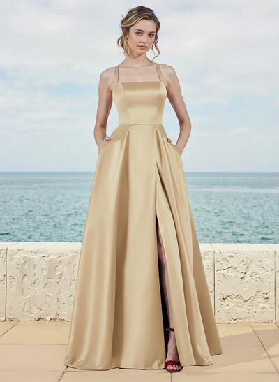 A-Line Square Neckline Satin Bridesmaid Dresses With Pockets/High Split