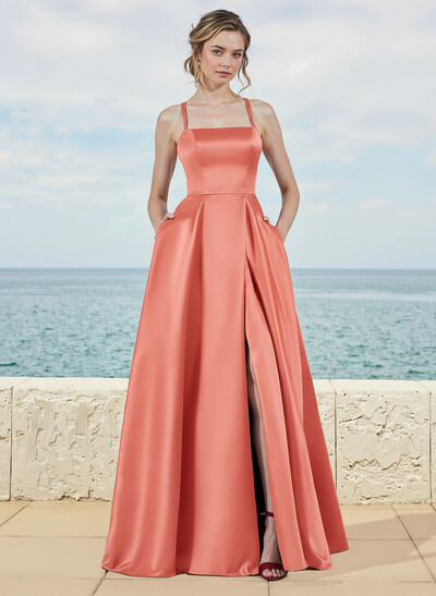 A-Line Square Neckline Satin Bridesmaid Dresses With Pockets/High Split
