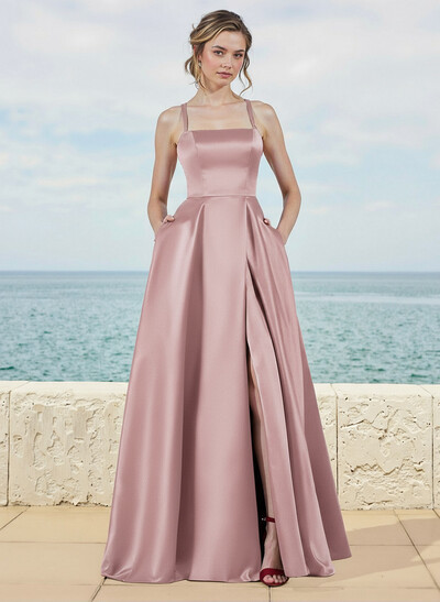 A-Line Square Neckline Satin Bridesmaid Dresses With Pockets/High Split
