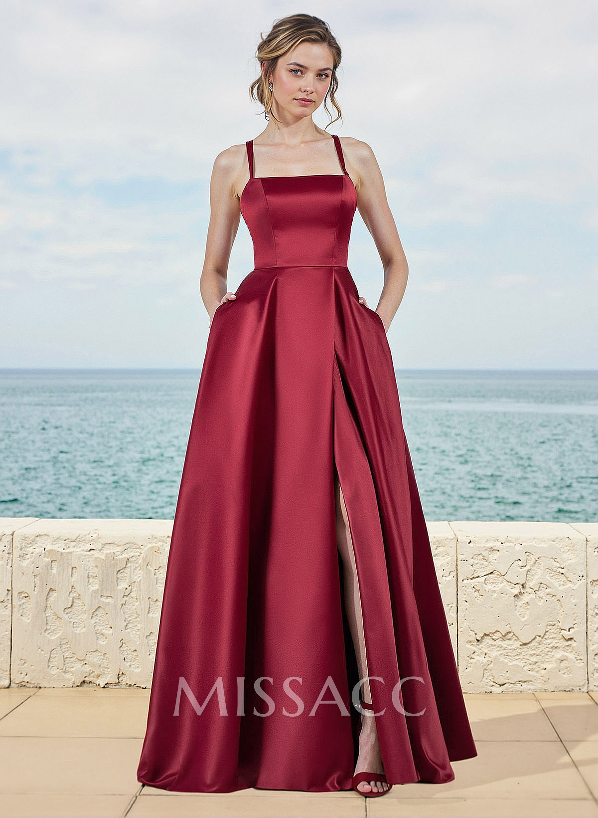 A-Line Square Neckline Satin Bridesmaid Dresses With Pockets/High Split