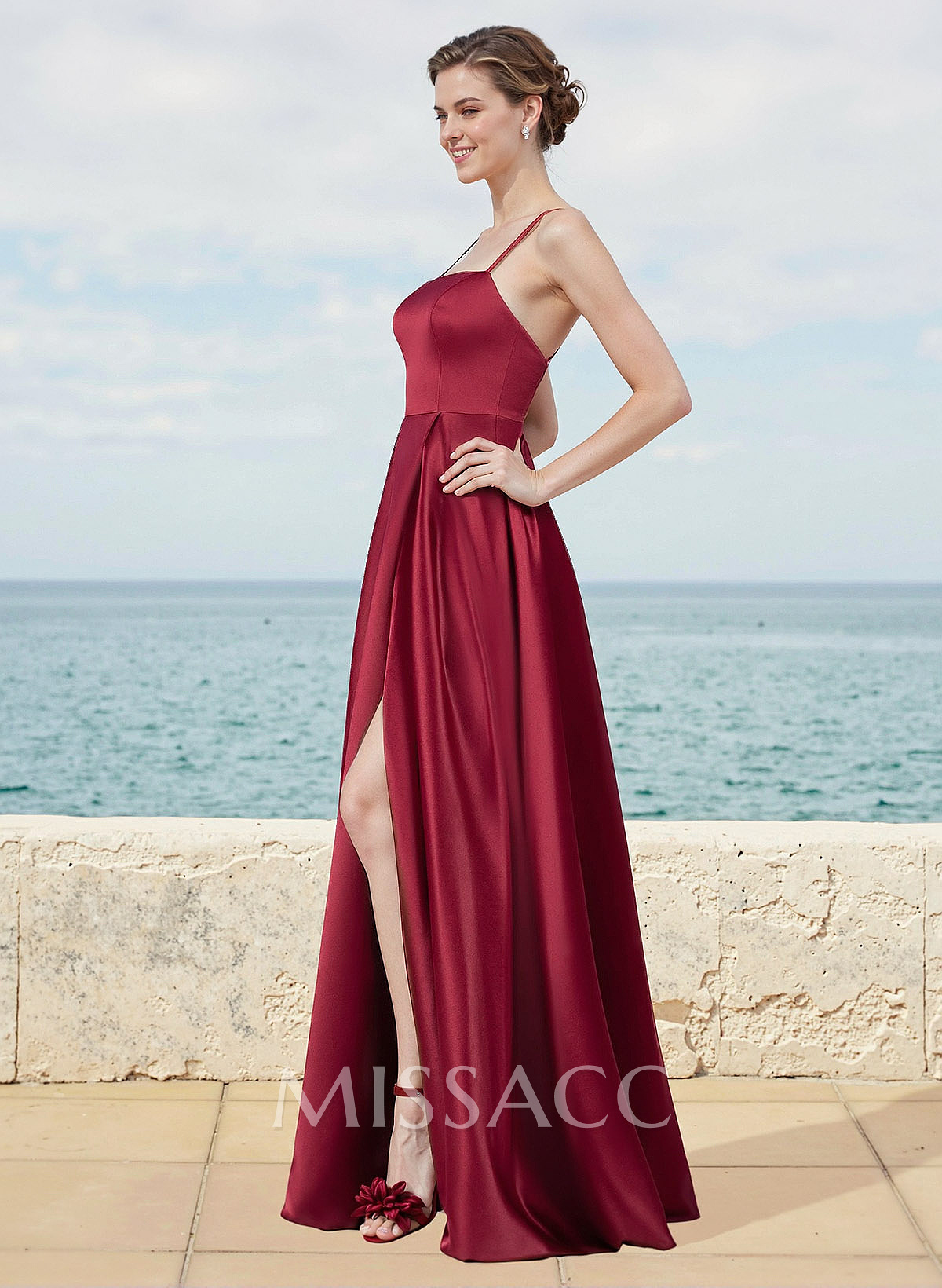 A-Line Square Neckline Satin Bridesmaid Dresses With Pockets/High Split