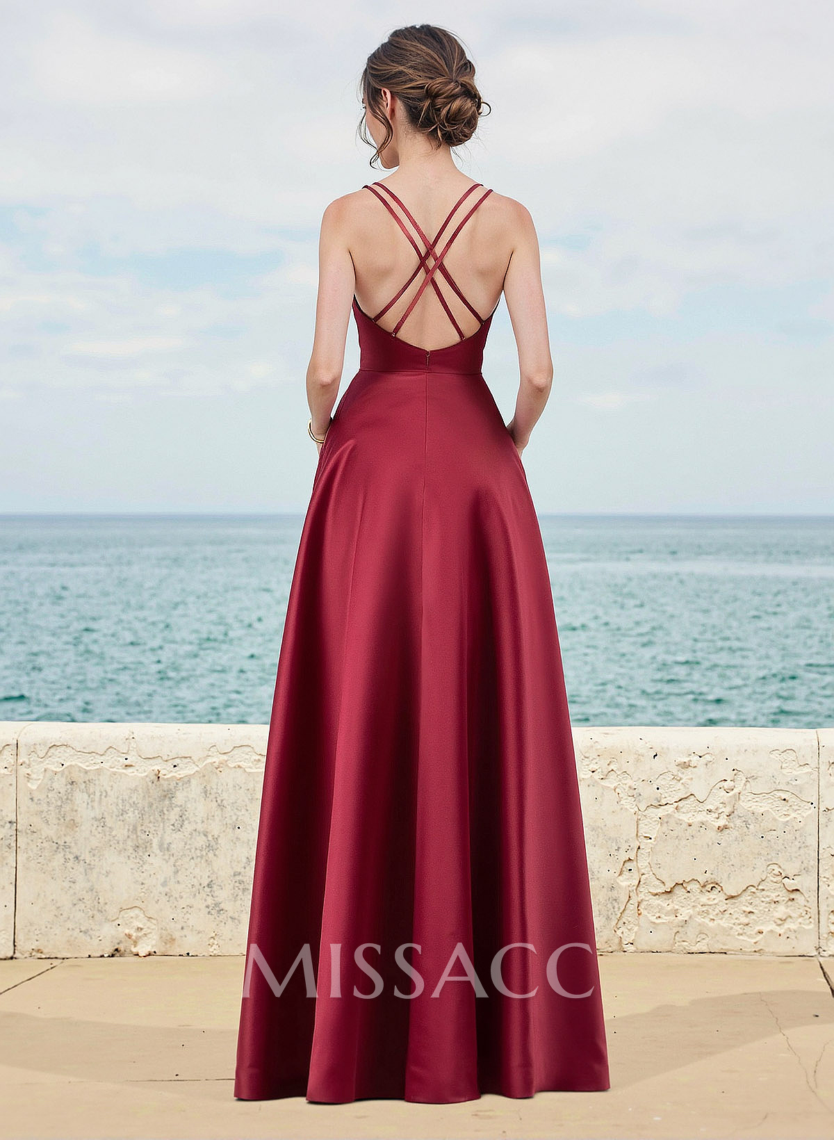 A-Line Square Neckline Satin Bridesmaid Dresses With Pockets/High Split