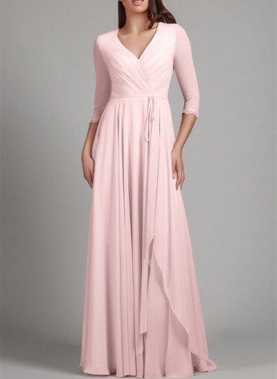 A-Line V-Neck 1/2 Sleeves Chiffon Bridesmaid Dresses With Lace/Back Hole