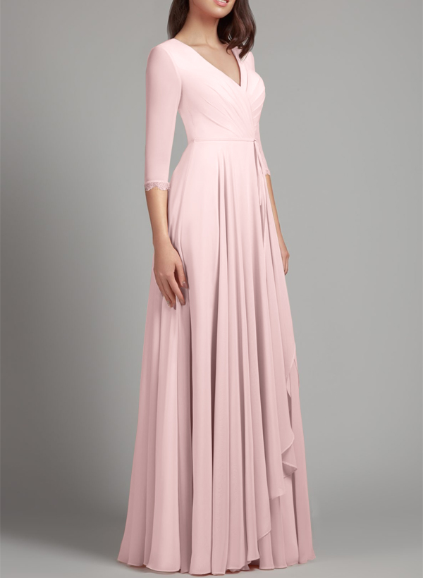 A-Line V-Neck 1/2 Sleeves Chiffon Bridesmaid Dresses With Lace/Back Hole
