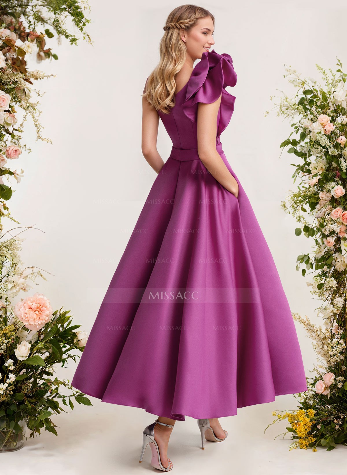 A-Line One-Shoulder Sleeveless Satin Bridesmaid Dresses With Ruffle