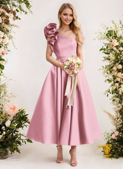 A-Line One-Shoulder Sleeveless Satin Bridesmaid Dresses With Ruffle