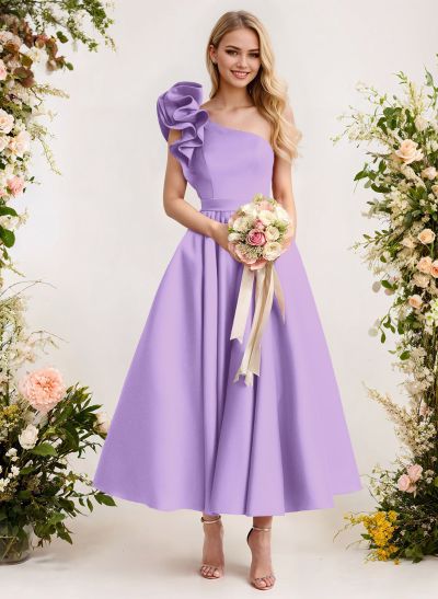 A-Line One-Shoulder Sleeveless Satin Bridesmaid Dresses With Ruffle