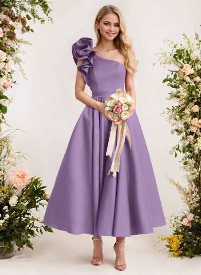 A-Line One-Shoulder Sleeveless Satin Bridesmaid Dresses With Ruffle