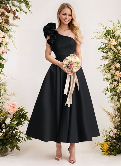 A-Line One-Shoulder Sleeveless Satin Bridesmaid Dresses With Ruffle