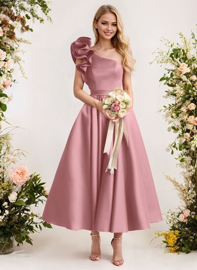 A-Line One-Shoulder Sleeveless Satin Bridesmaid Dresses With Ruffle