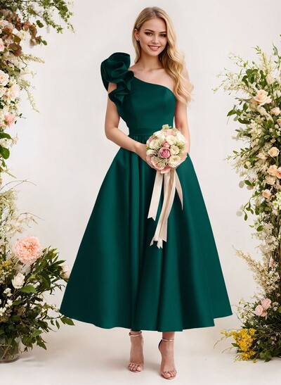 A-Line One-Shoulder Sleeveless Satin Bridesmaid Dresses With Ruffle