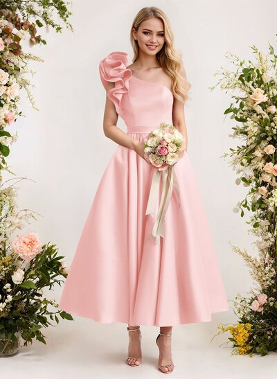A-Line One-Shoulder Sleeveless Satin Bridesmaid Dresses With Ruffle