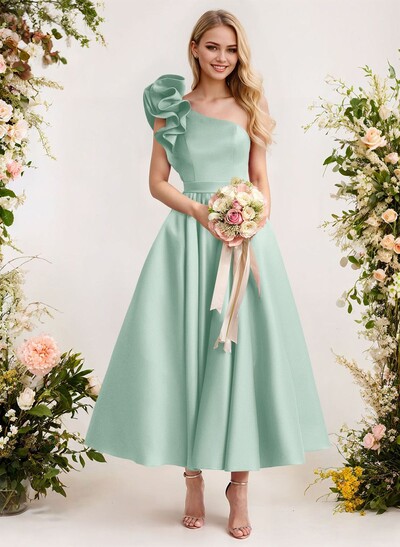 A-Line One-Shoulder Sleeveless Satin Bridesmaid Dresses With Ruffle