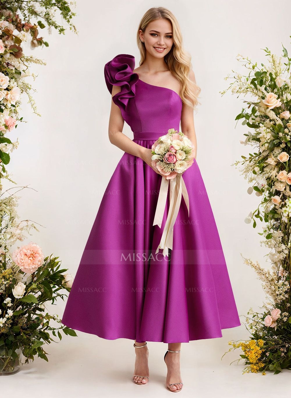 A-Line One-Shoulder Sleeveless Satin Bridesmaid Dresses With Ruffle