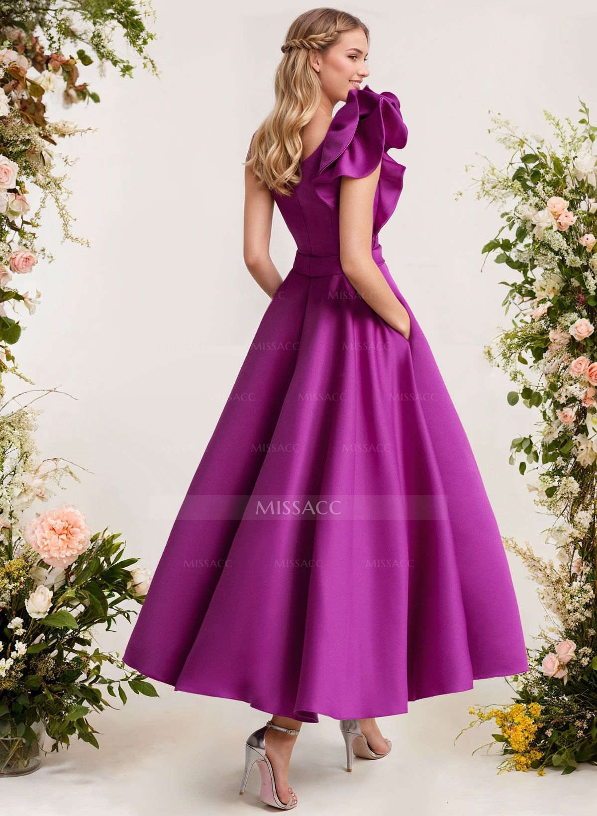 A-Line One-Shoulder Sleeveless Satin Bridesmaid Dresses With Ruffle