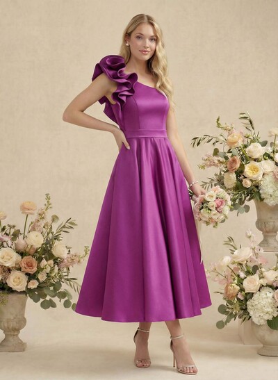 A-Line One-Shoulder Sleeveless Satin Bridesmaid Dresses With Ruffle
