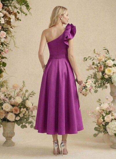 A-Line One-Shoulder Sleeveless Satin Bridesmaid Dresses With Ruffle