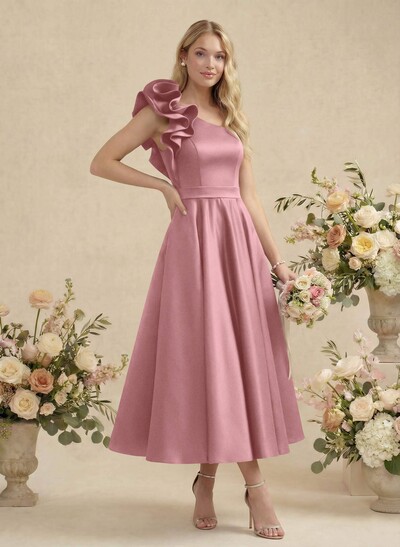 A-Line One-Shoulder Sleeveless Satin Bridesmaid Dresses With Ruffle