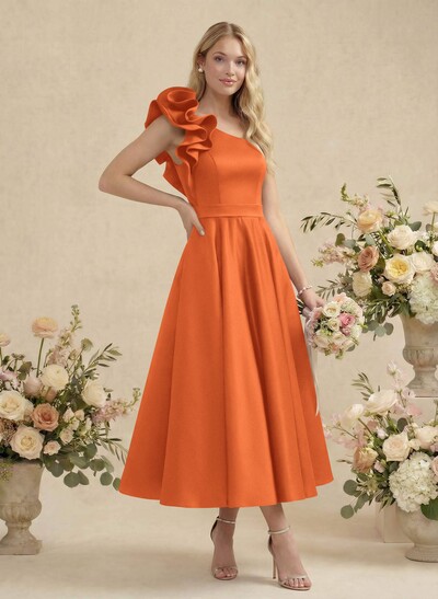 A-Line One-Shoulder Sleeveless Satin Bridesmaid Dresses With Ruffle