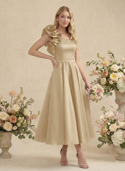 A-Line One-Shoulder Sleeveless Satin Bridesmaid Dresses With Ruffle