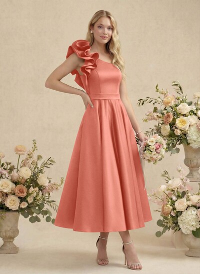 A-Line One-Shoulder Sleeveless Satin Bridesmaid Dresses With Ruffle