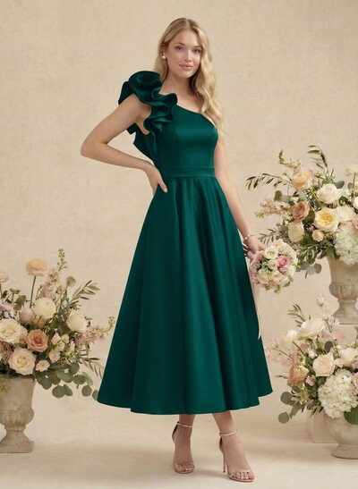 A-Line One-Shoulder Sleeveless Satin Bridesmaid Dresses With Ruffle