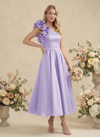 A-Line One-Shoulder Sleeveless Satin Bridesmaid Dresses With Ruffle