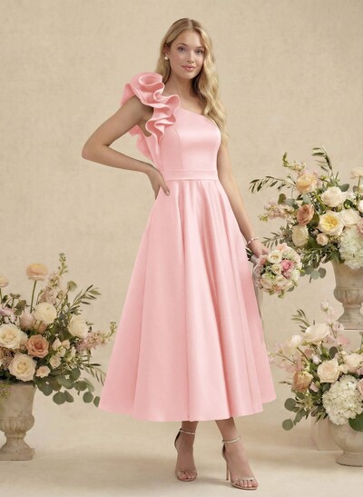 A-Line One-Shoulder Sleeveless Satin Bridesmaid Dresses With Ruffle